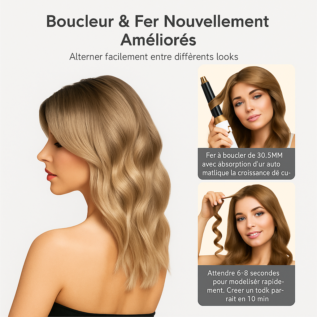 Brosse Multi-tâche 5en1, La coiffure pro à la maison, Séchage, Lissage & Boucles en un seul geste